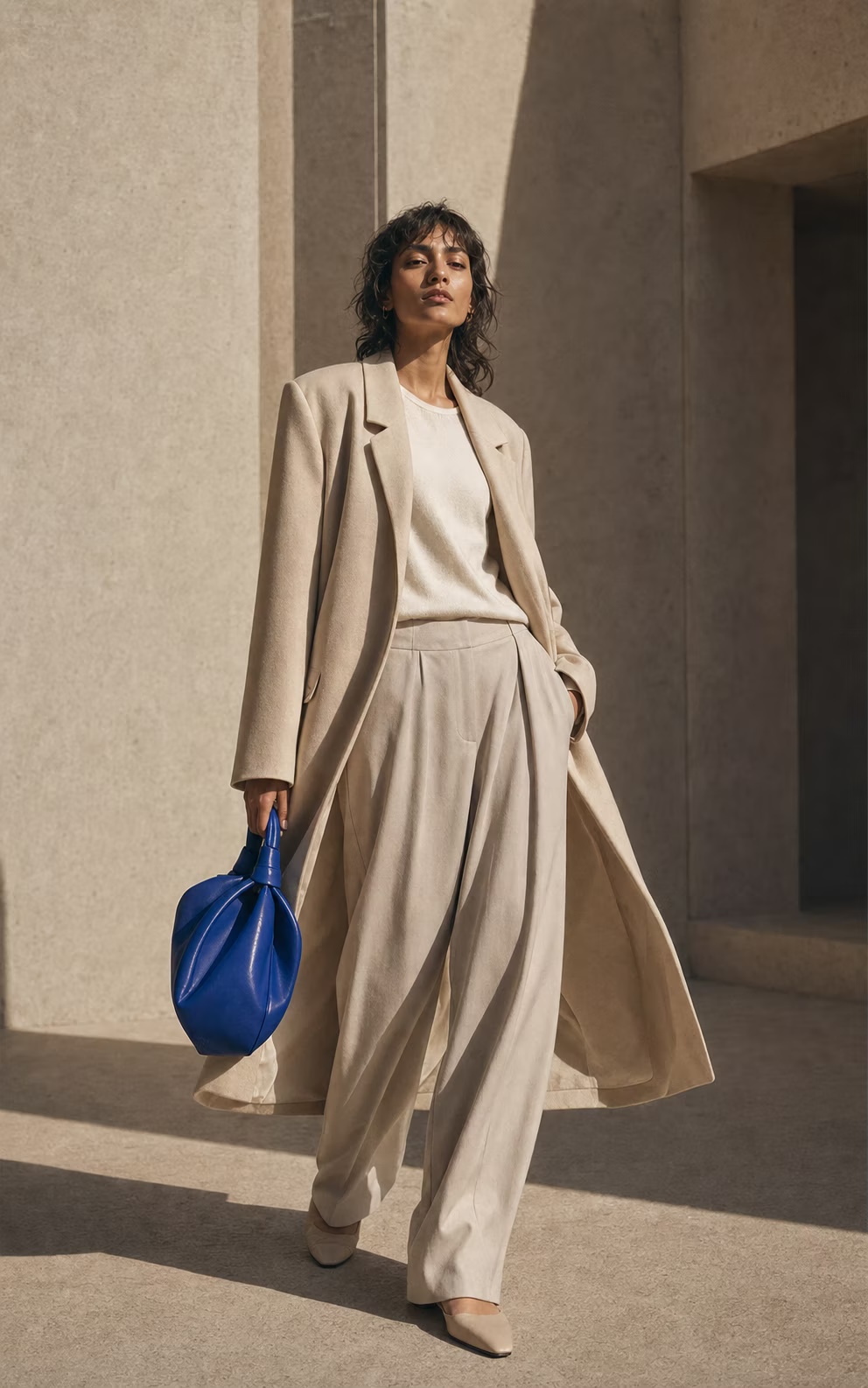Model in softly tailored neutral layers carrying a cobalt bag.